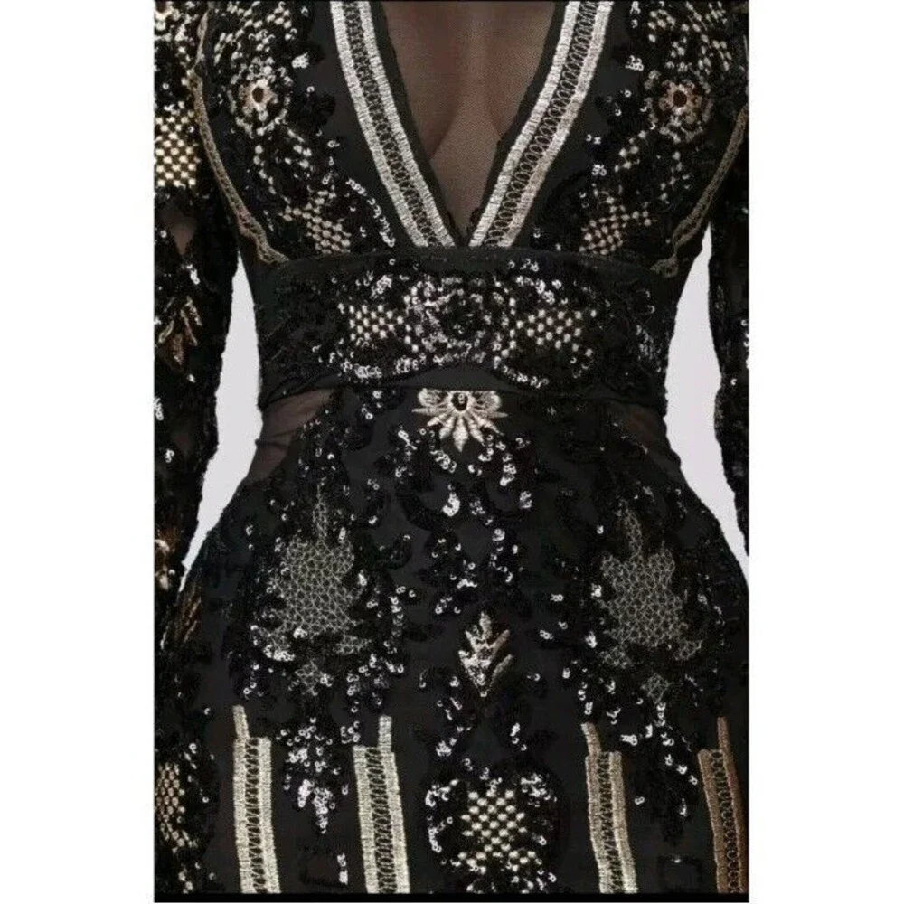 Fashion Nova Dress Black Gold Sequin Floral Embroidered Evening Gown Size Small - Picture 6 of 16